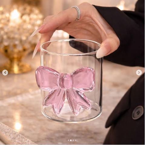 1Pc - Clear Glass Cup with Pink Bow Design