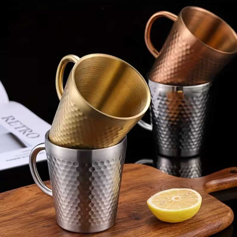 Stainless Steel Hammered Texture Glass with Handle – Double Wall Insulated Coffee Cup