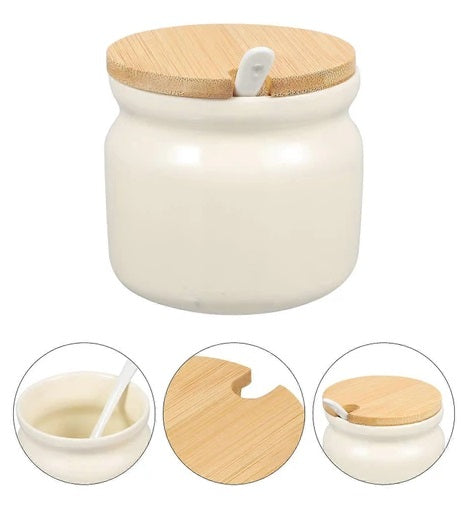 Ceramic Sugar Pot with Spoon & Wooden Lid