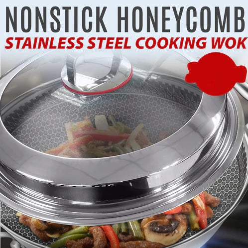 Double Sided Honeycomb Laser Coated Deep Wok With Dual Handles & Lid