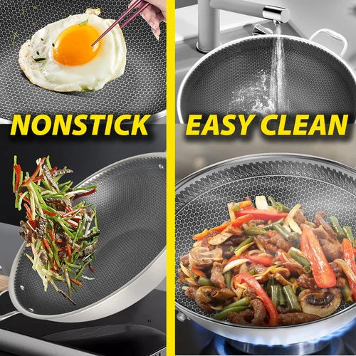 Double Sided Honeycomb Laser Coated Deep Wok With Dual Handles & Lid