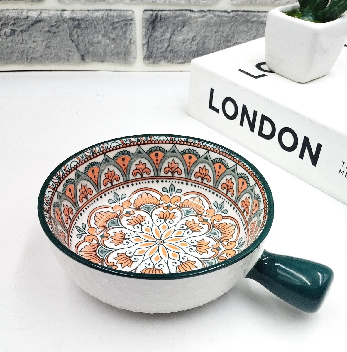 Mandala Print Ceramic Bowl with Handle