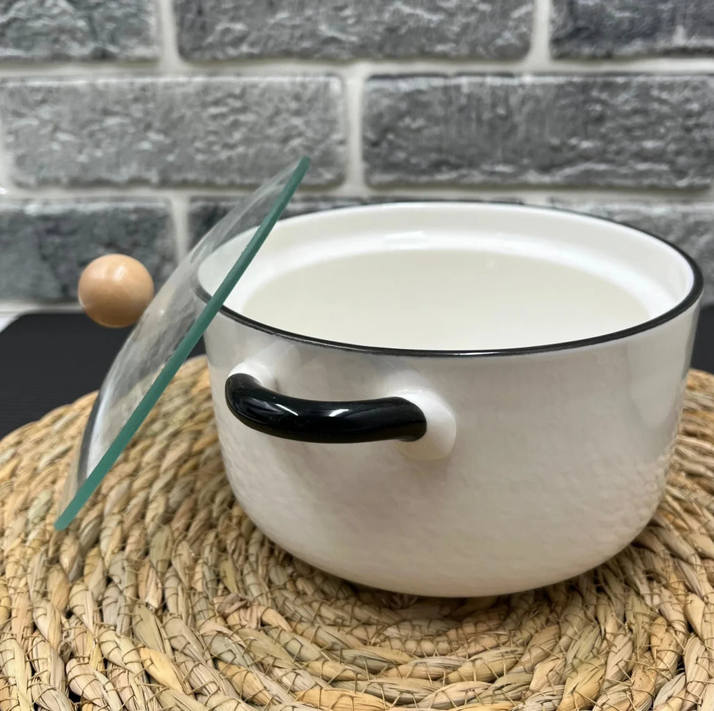 Mini Ceramic Pot With Handles & Glass Lid