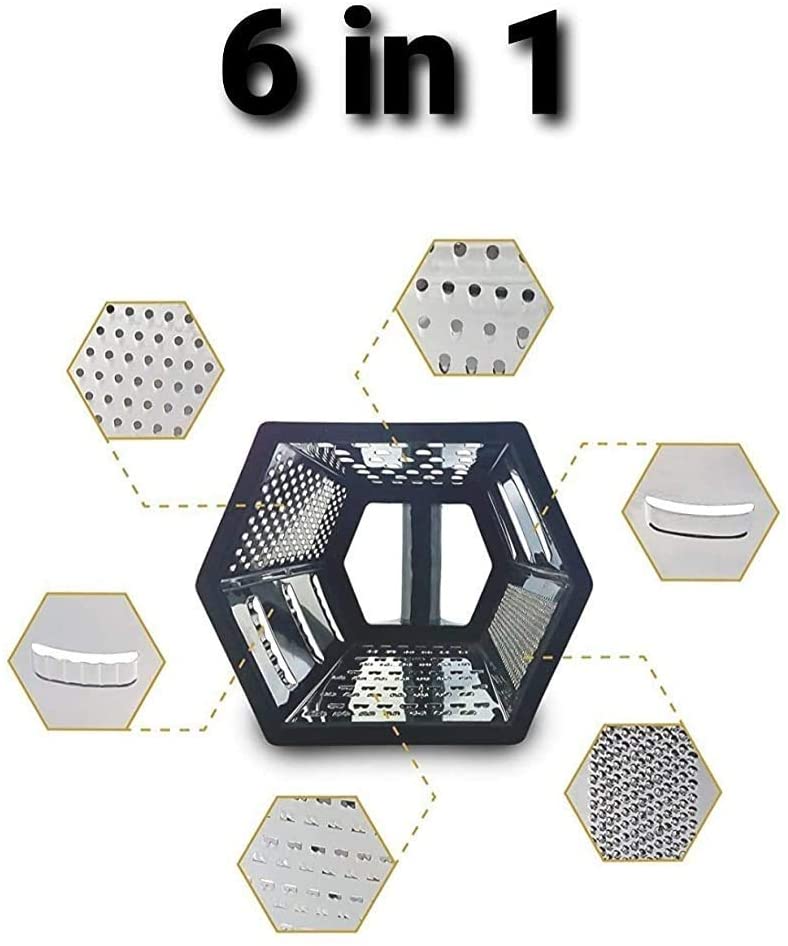 Multifunctional 6 Sided Grater - Silver, 6-Sided Stainless Steel Grater and Slicer, 6in1 Grater, Hexagon Shape Stainless Steel Grater