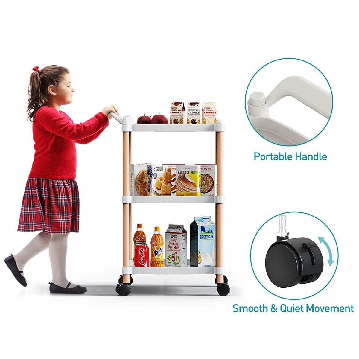 Multipurposed 3/4 Tier Rolling Cart with Wheels, Serving Cart with Handle Bar, Heavy Duty Shelving Unit Utility Storage Shelves Trolley, Storage Cart