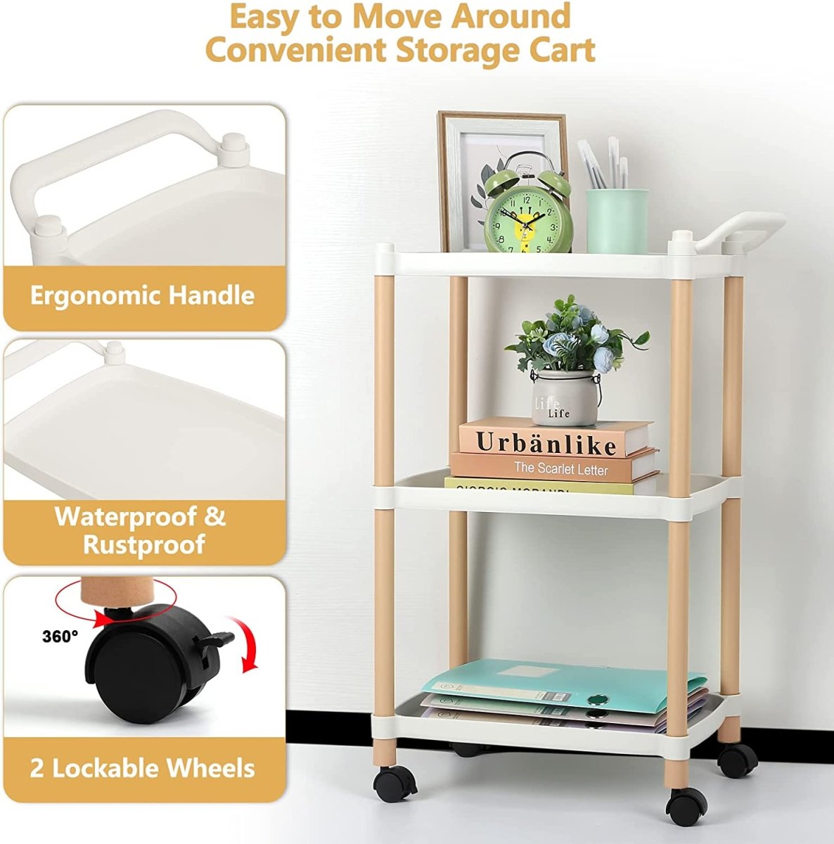 Multipurposed 3/4 Tier Rolling Cart with Wheels, Serving Cart with Handle Bar, Heavy Duty Shelving Unit Utility Storage Shelves Trolley, Storage Cart