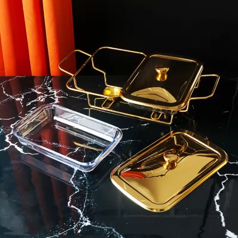 2 Grid Buffet Food Warmer Glass Serving Dish with Golden Lid