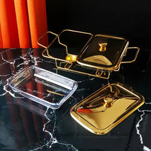 2 Grid Buffet Food Warmer Glass Serving Dish with Golden Lid