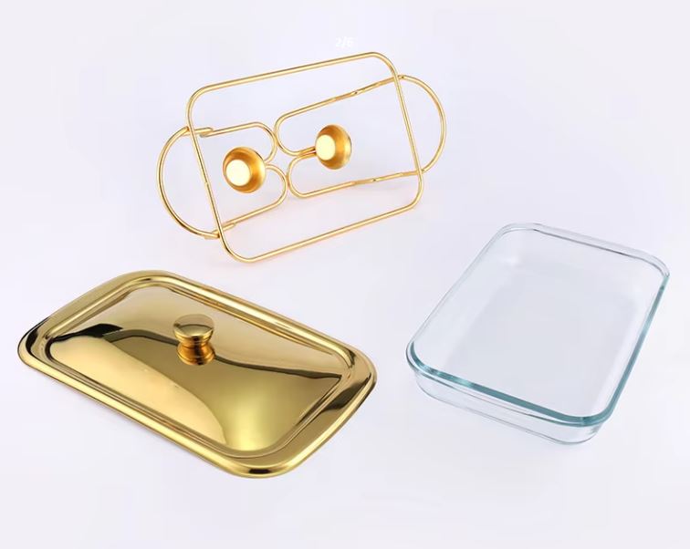 Rectangular Buffet Food Warmer Serving Glass Dish with Golden Lid - 2 Liters