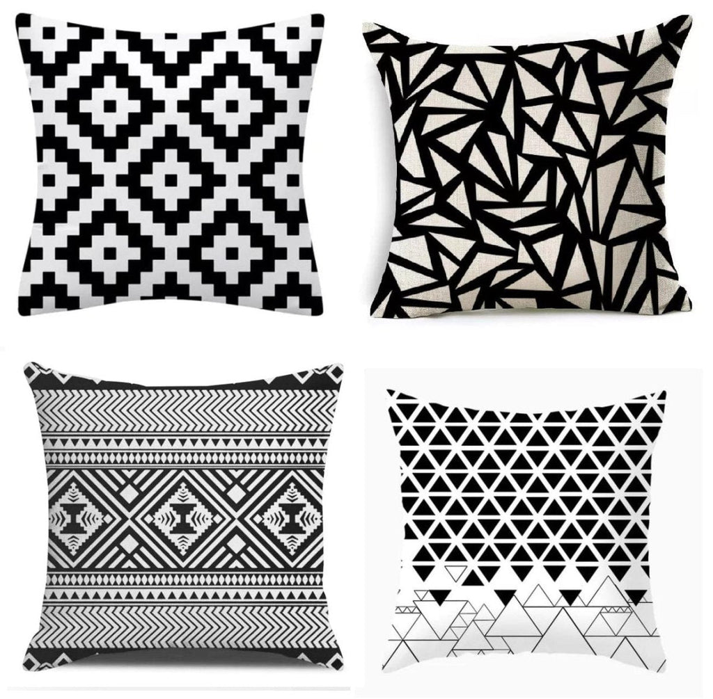 Pack of 5 - Random Design Black & White Geometric Cushion Covers, Throw Pillow, Decorative Case, Without Filling
