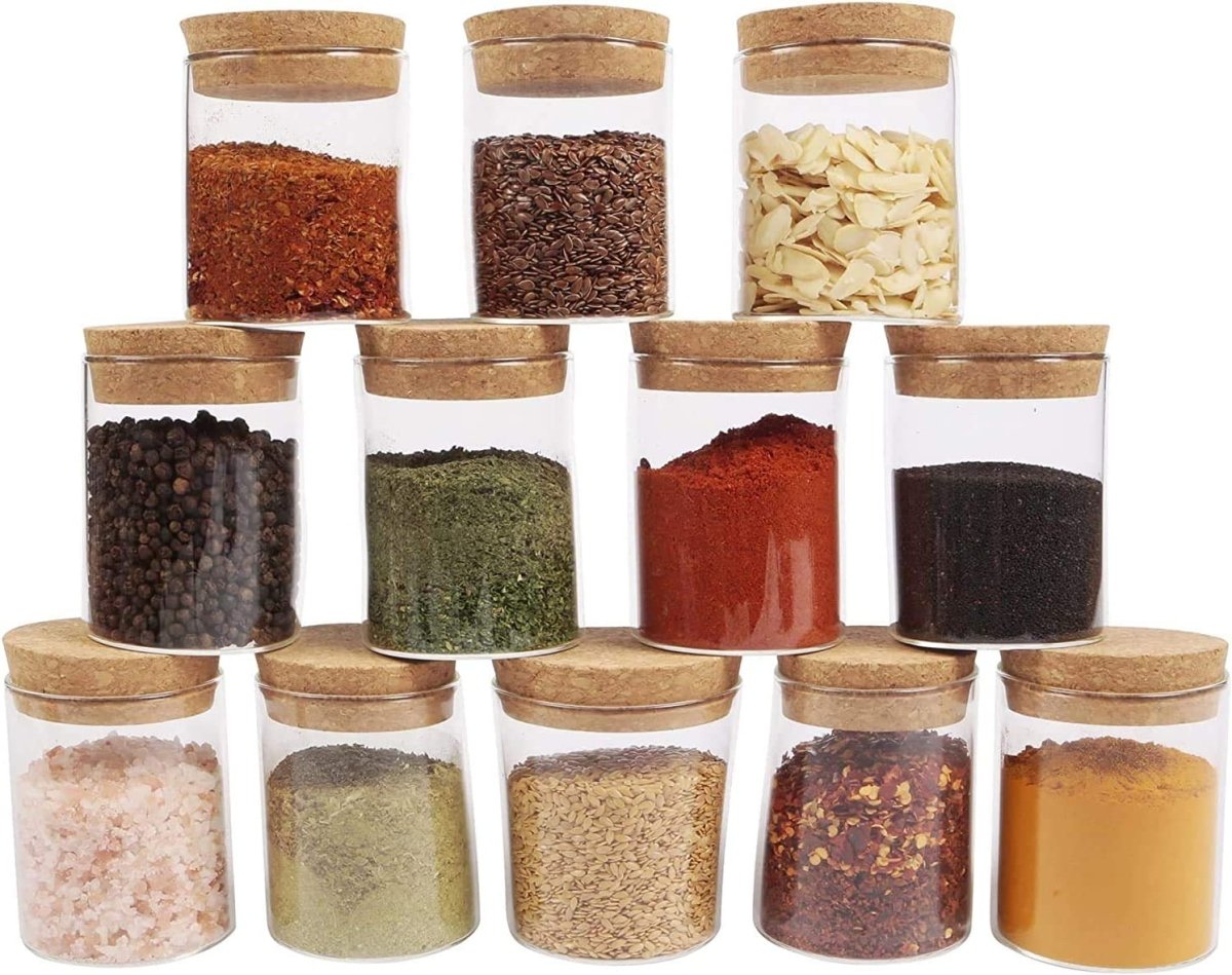 Pack of 6 - Small Glass Food Jar with Cork Lid and Airtight Sealing, Little Clear Canister Jar for Kitchen Storage, Mini Cork Bottle