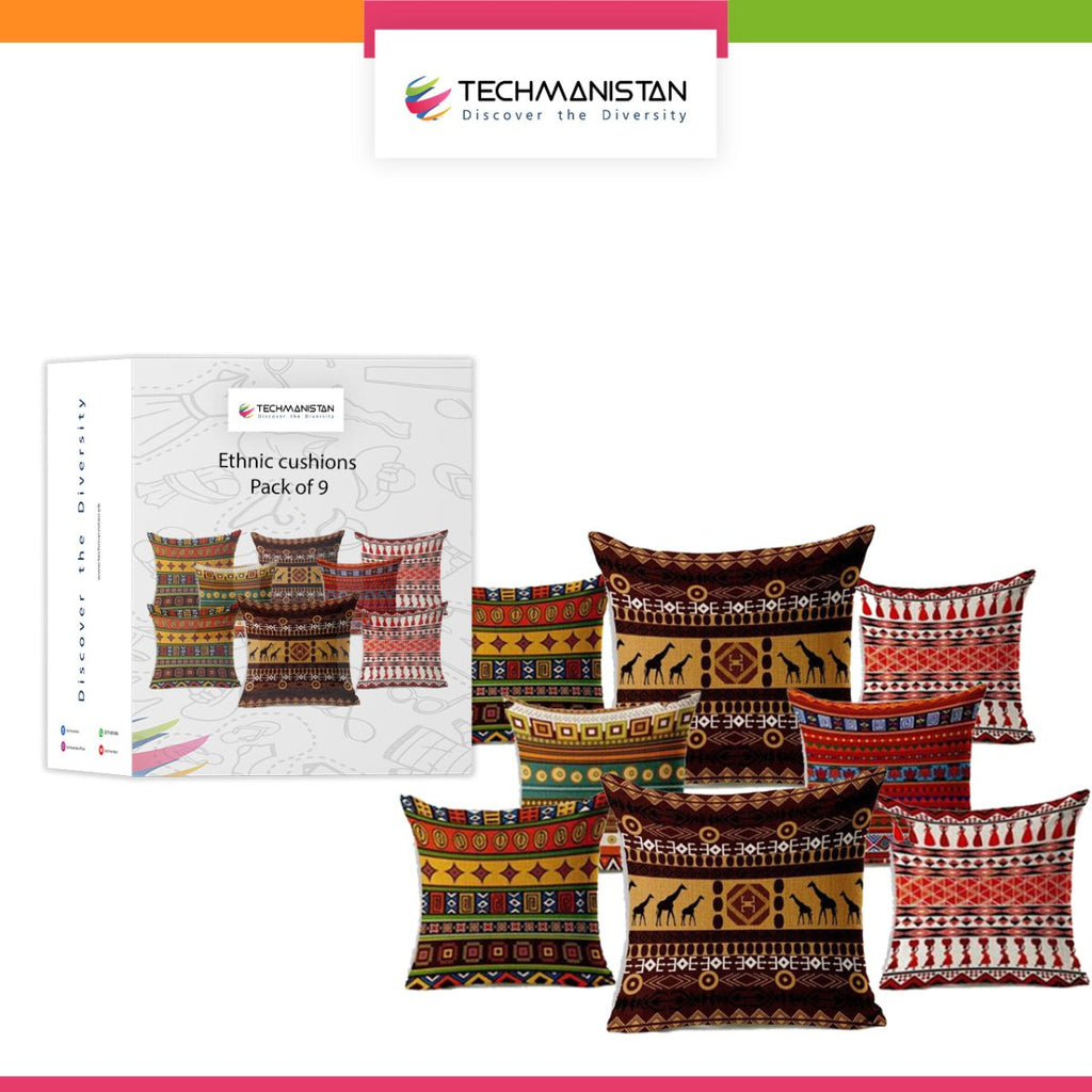 Pack Of 9 Ethnic Design African Geometric Cushions Without Filling, Cushions For Sofa, Printed Cushion Covers For Sofa, Fancy Cushion Covers For Bed, Sofa Pillow Covers, Sofa Cushion Set, Cushion Covers 4 Piece Set Without Filling