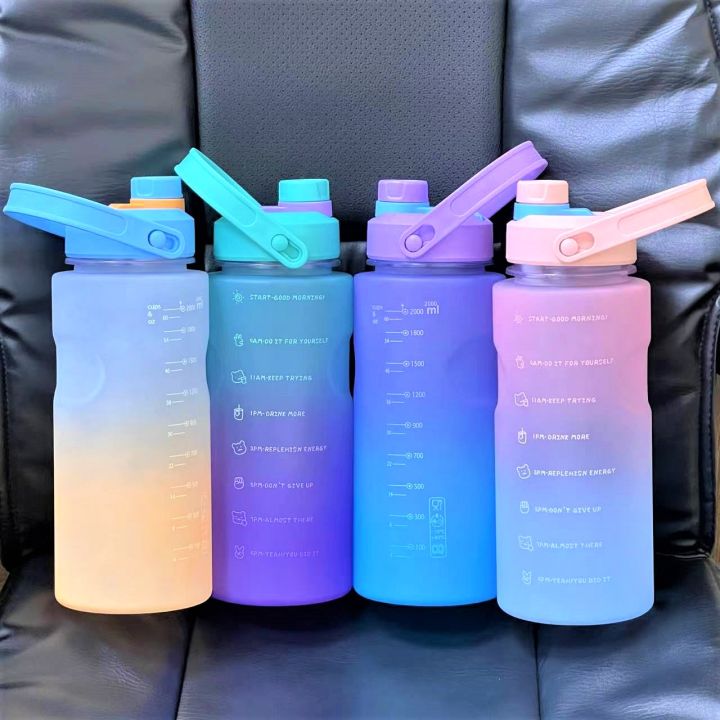 Random Color 2 Liter Multicolor Large Capacity Water Bottle With Motivational Quotes & Time Maker Instructions