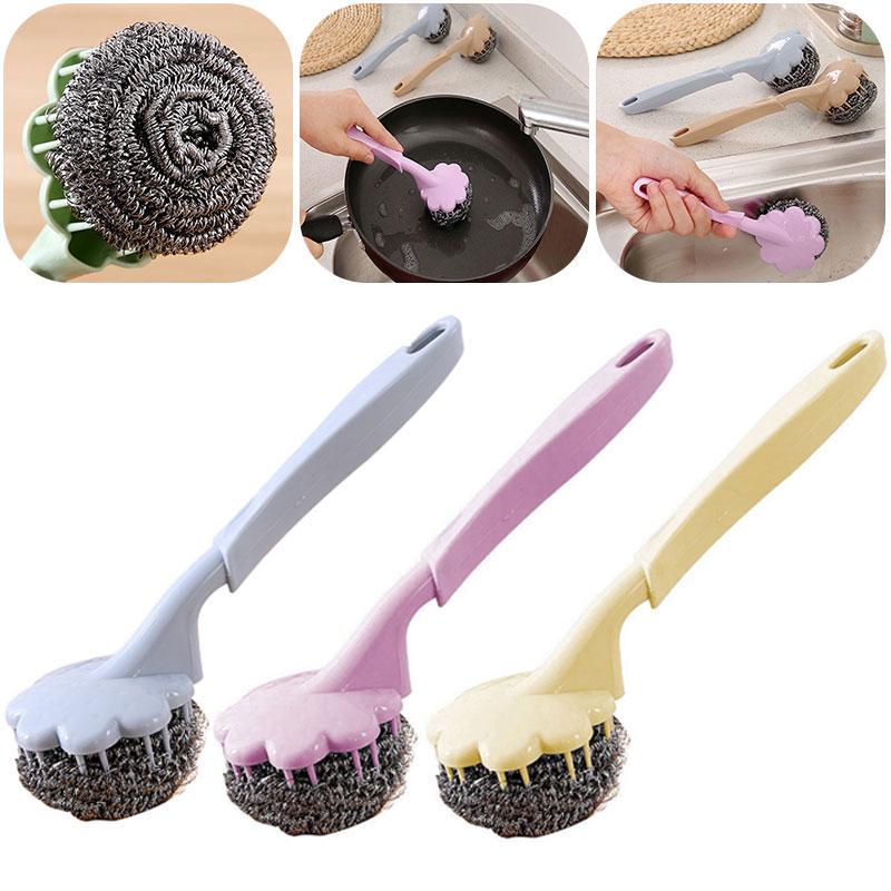 Random Color - Wire Ball With Long Handle, Stainless Steel Long Handle Wire Ball Brush, Steel Scotch Brite With Handle Kitchen Hanging Cleaning Brush Washing Tool