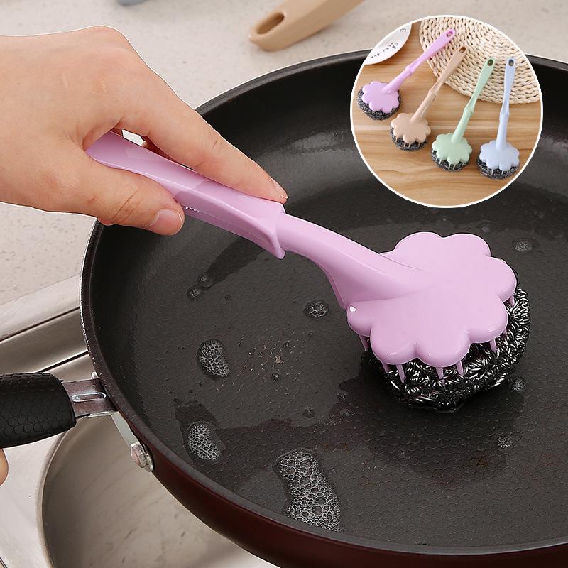 Random Color - Wire Ball With Long Handle, Stainless Steel Long Handle Wire Ball Brush, Steel Scotch Brite With Handle Kitchen Hanging Cleaning Brush Washing Tool