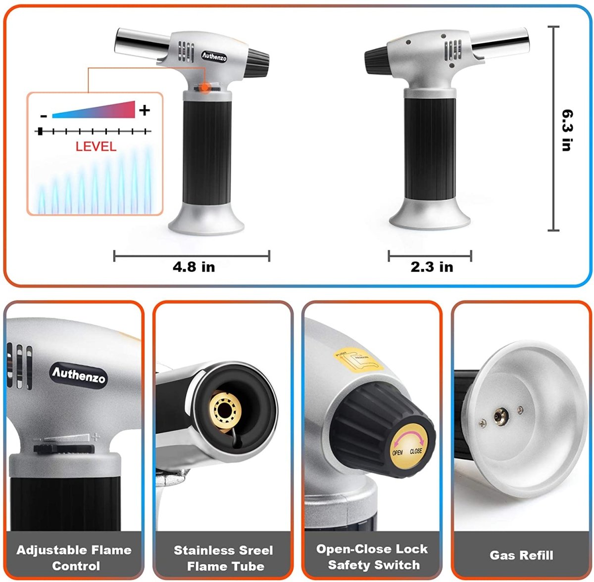 Refillable Culinary Butane Torch With Safety Lock