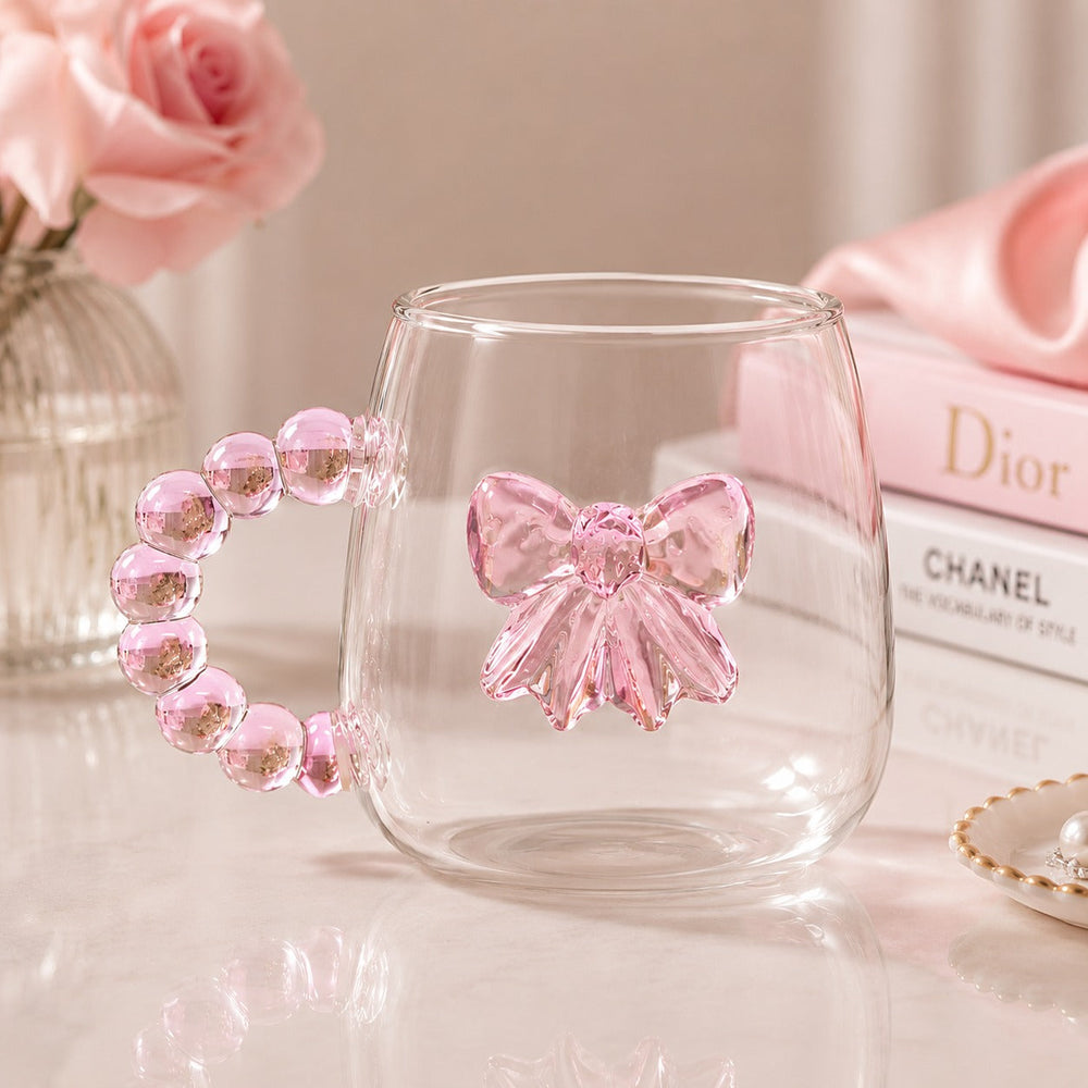 1Pc - Clear Glass Cup with Pink Bow Design