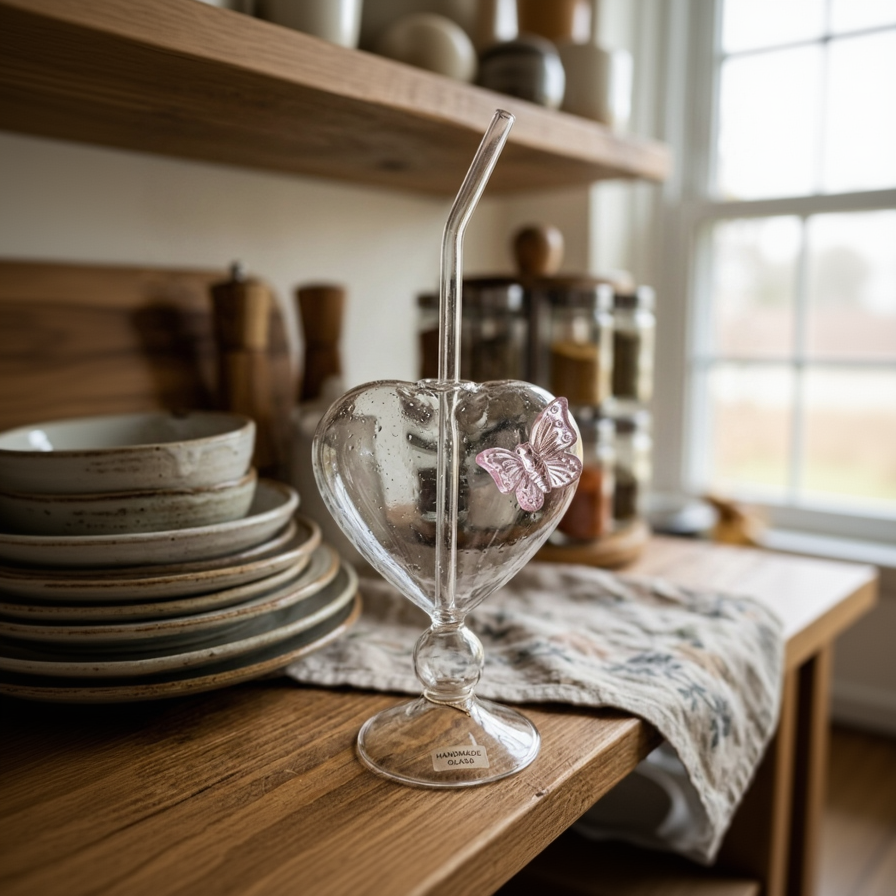 Heart Shaped Glass Butterfly Tumbler with Straw