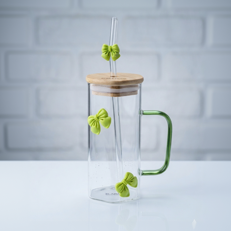 Green Bow Hexagonal Glass Tumbler with Straw