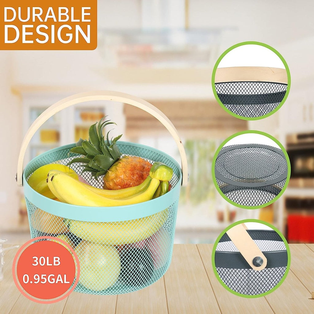 Round Metal Mesh Basket with Wooden Handle
