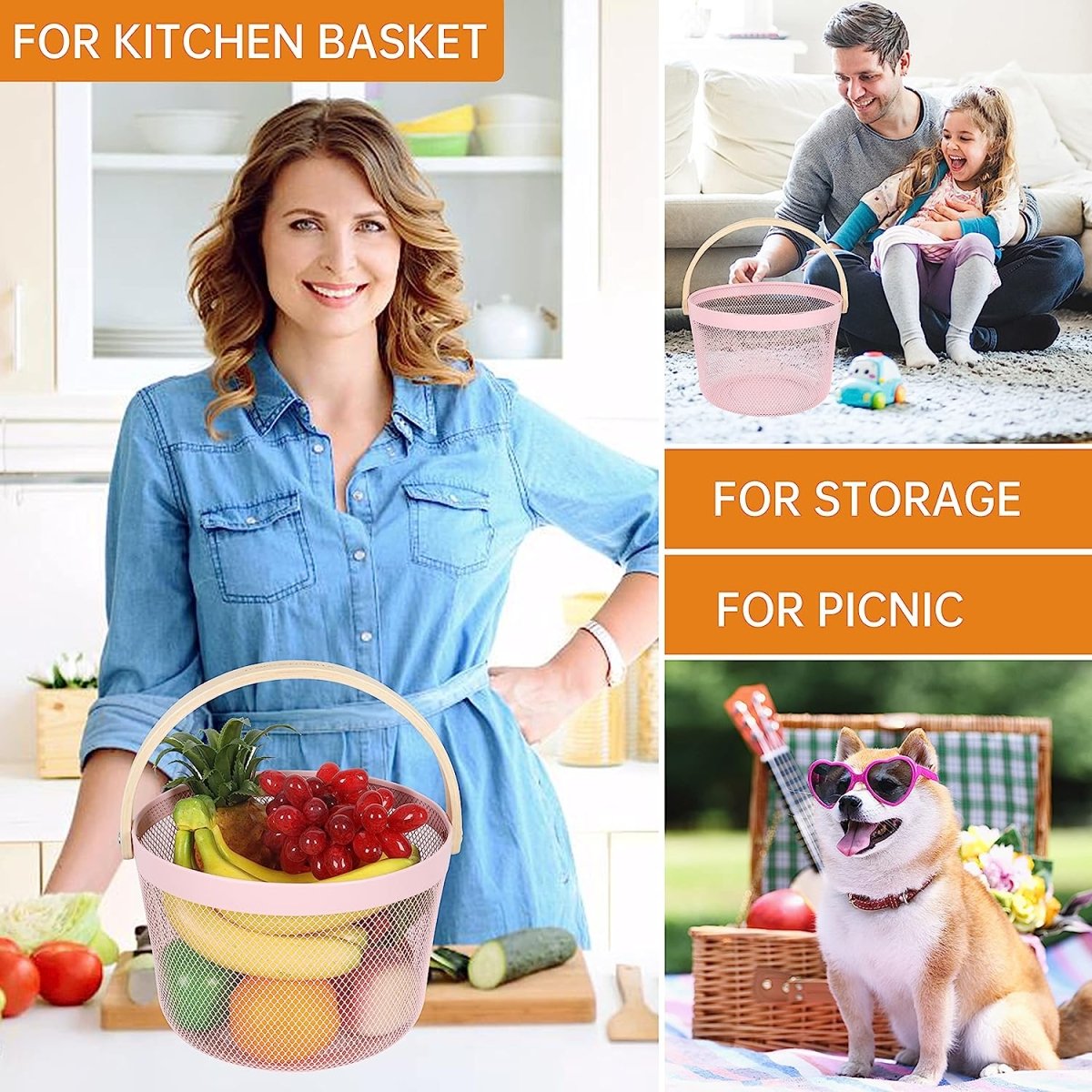 Round Metal Mesh Basket with Wooden Handle
