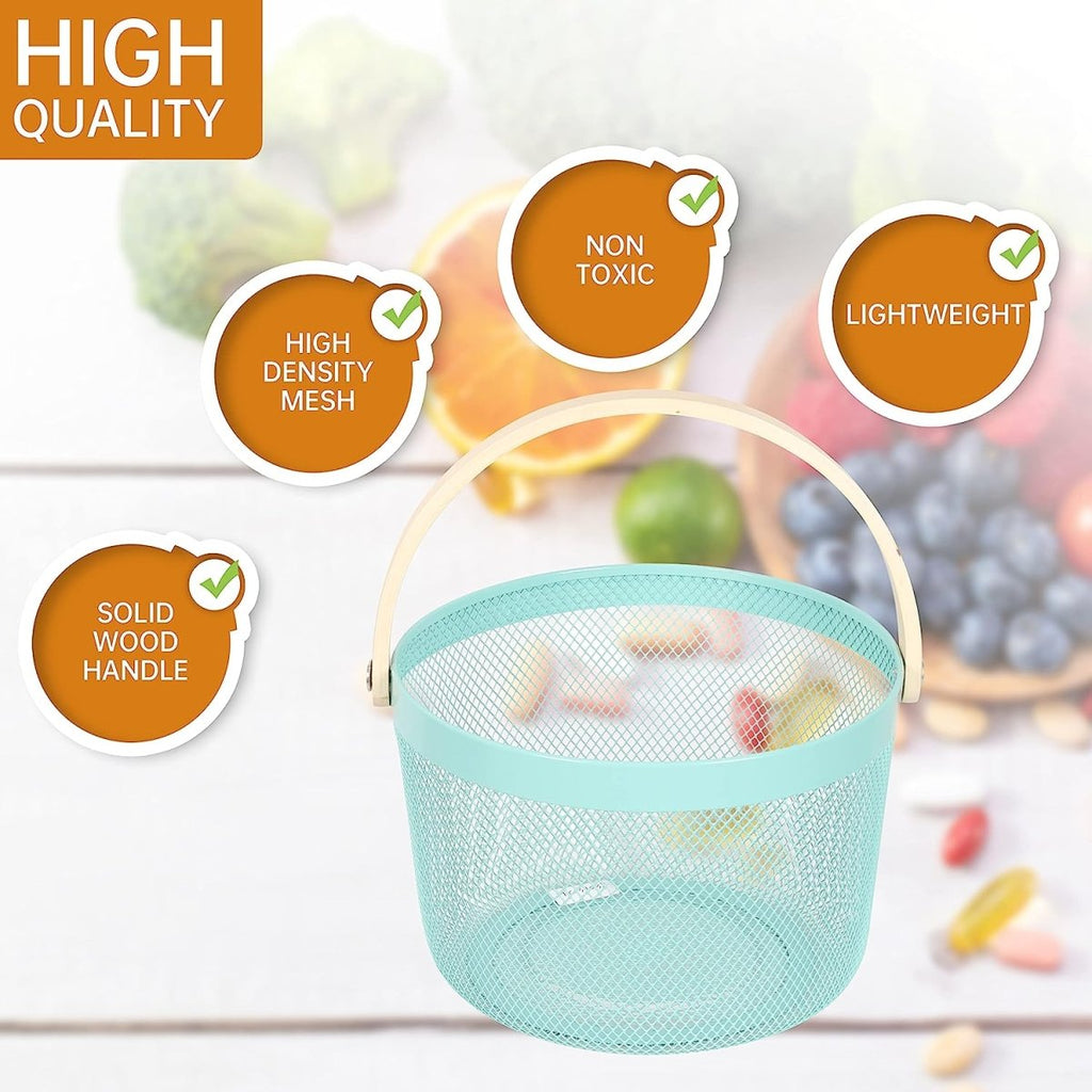 Round Metal Mesh Basket with Wooden Handle