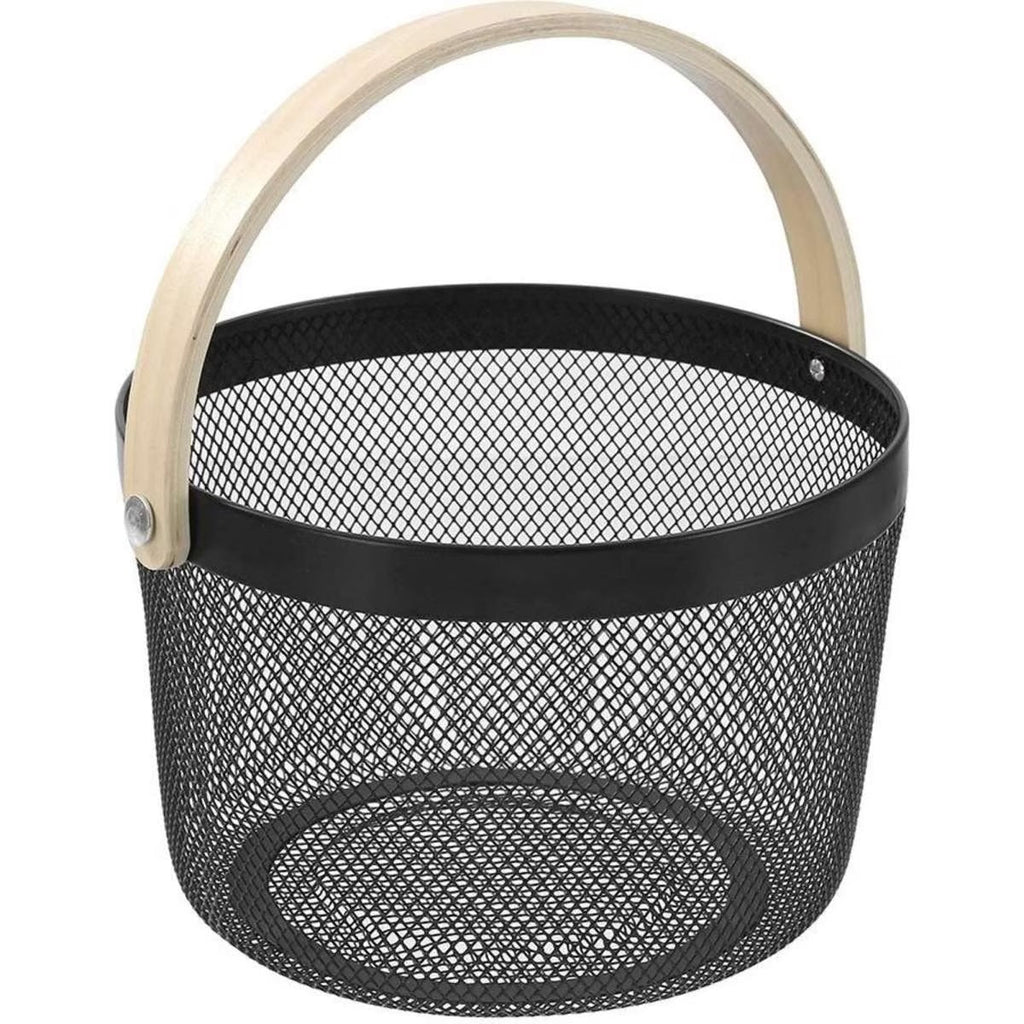 Round Metal Mesh Basket with Wooden Handle