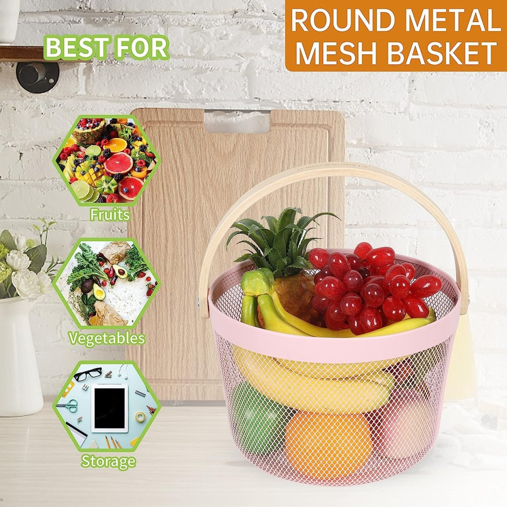 Round Metal Mesh Basket with Wooden Handle