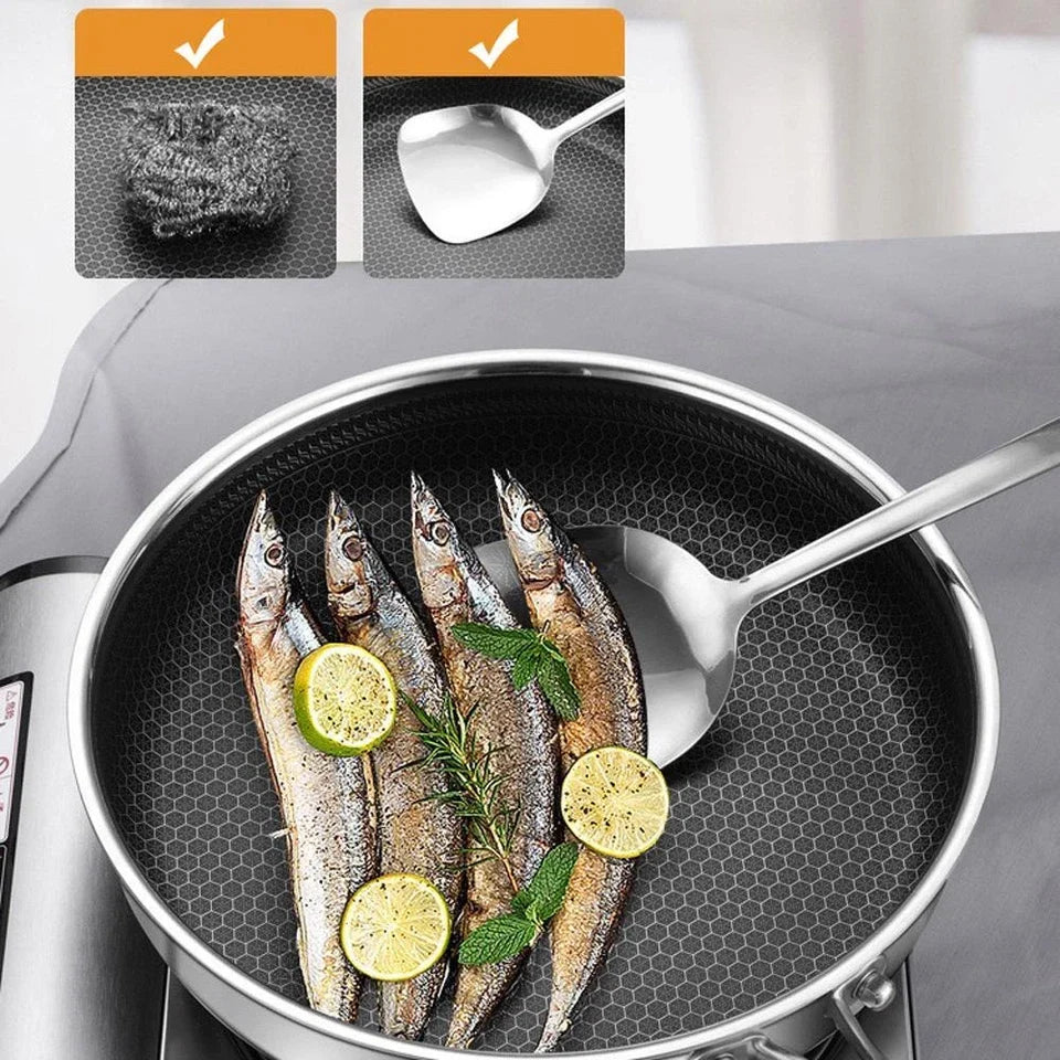 Stainless Steel Laser Coated Honeycomb Frying Pan with Glass Lid