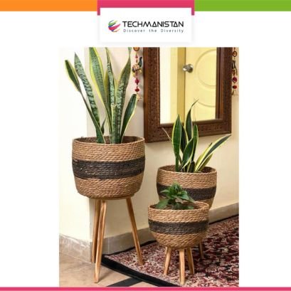 Seagrass Standing Planter Plant Pots With Wooden Legs
