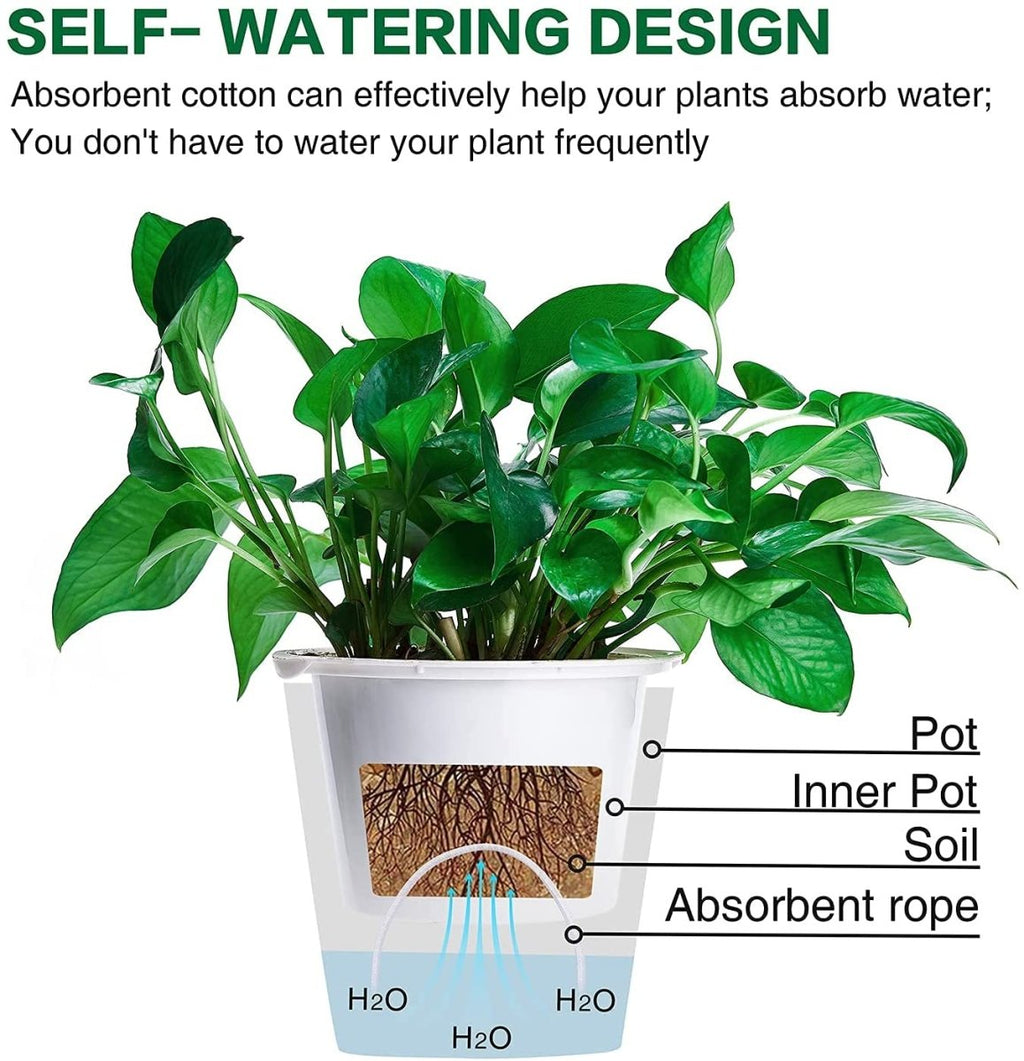 Self Watering Flower Pot With Iron Stand, Indoor Plastic Flower Pot With Cotton Rope, Stand & Container For Water, Self Watering Style Lazy Pot & Iron Stand