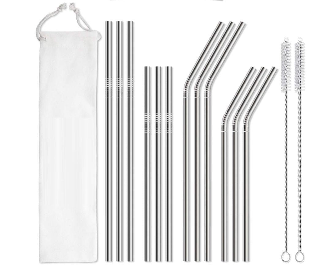 Set of 12 Stainless Steel Straws with 2 Cleaning Brushes