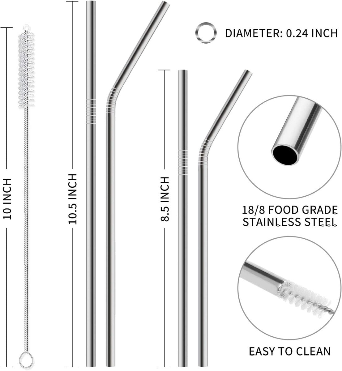 Set of 12 Stainless Steel Straws with 2 Cleaning Brushes