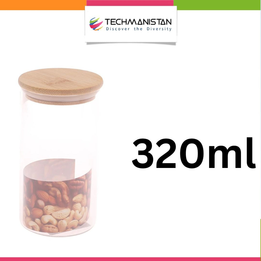 Set of 3 - Round Glass Kitchen Jars With Wooden Bamboo Lids
