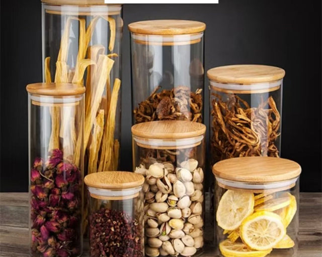 Set of 3 - Round Glass Kitchen Jars With Wooden Bamboo Lids