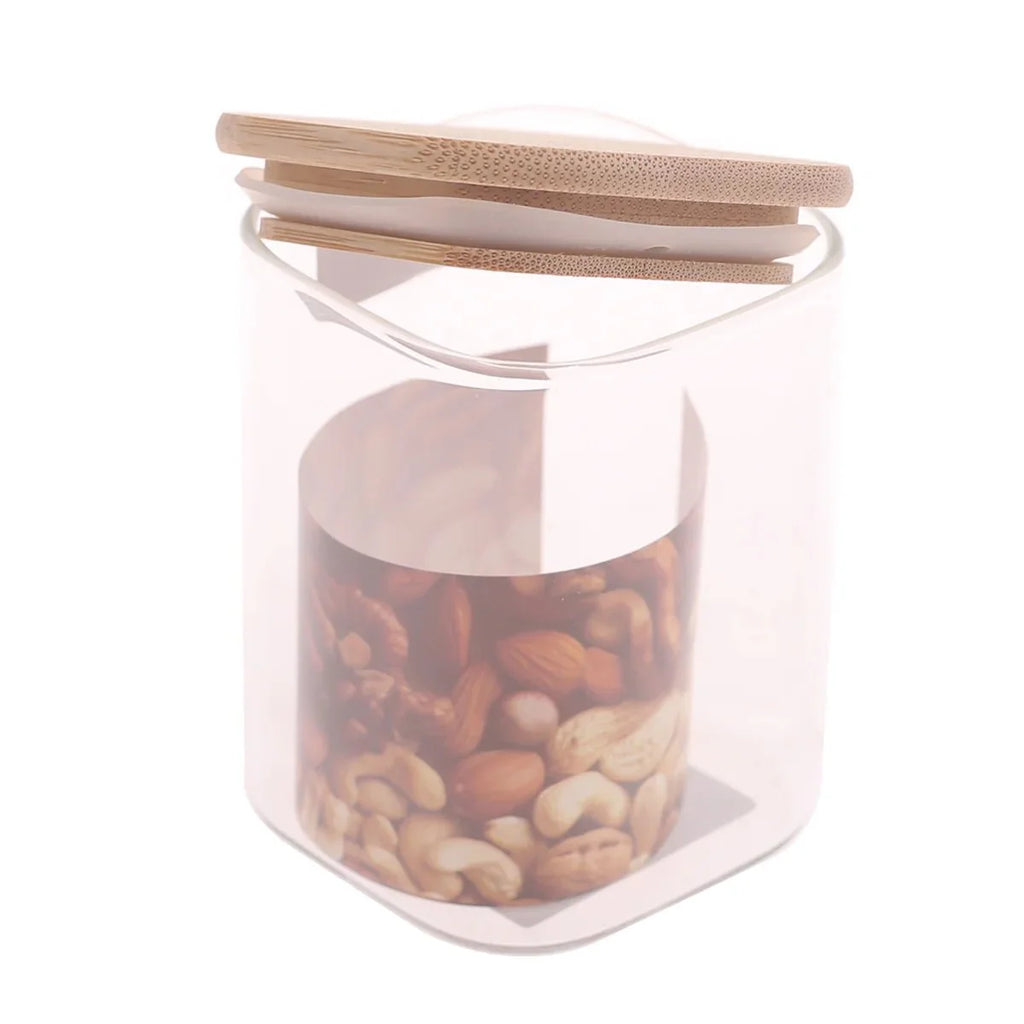 Set of 3 - Square Glass Kitchen Jars With Wooden Bamboo Lids