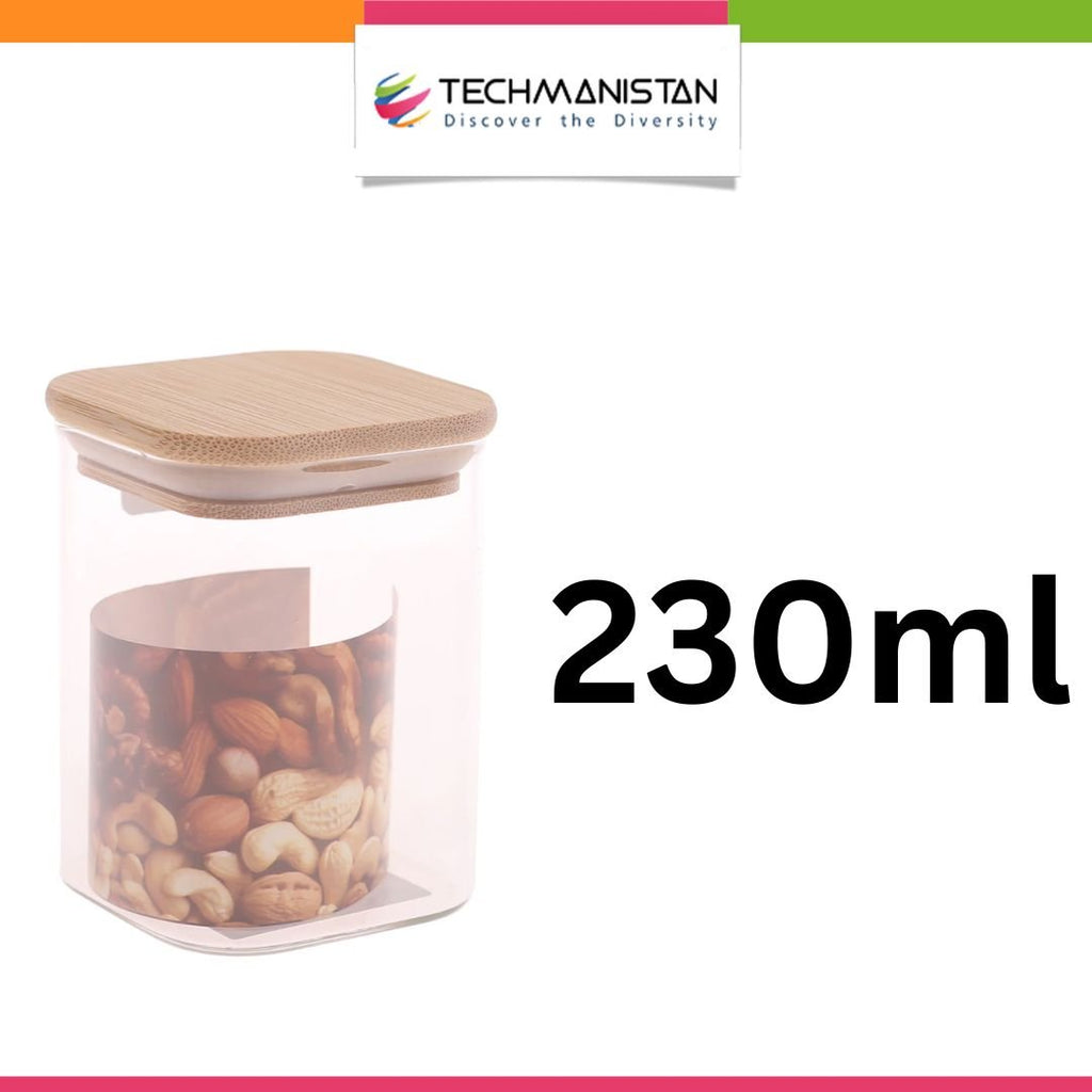 Set of 3 - Square Glass Kitchen Jars With Wooden Bamboo Lids