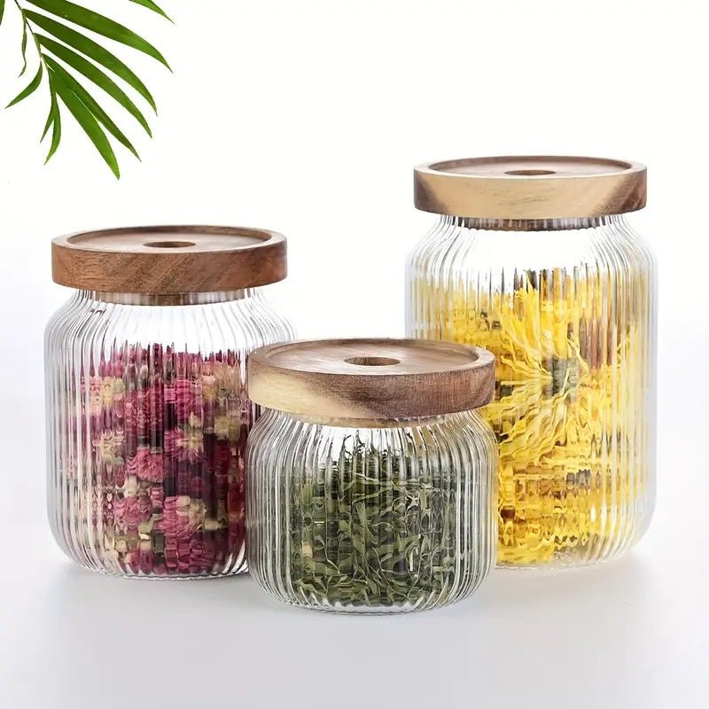 Set of 3 - Stackable Airtight Striped Glass Jars