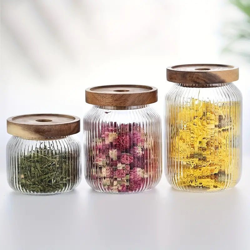 Set of 3 - Stackable Airtight Striped Glass Jars