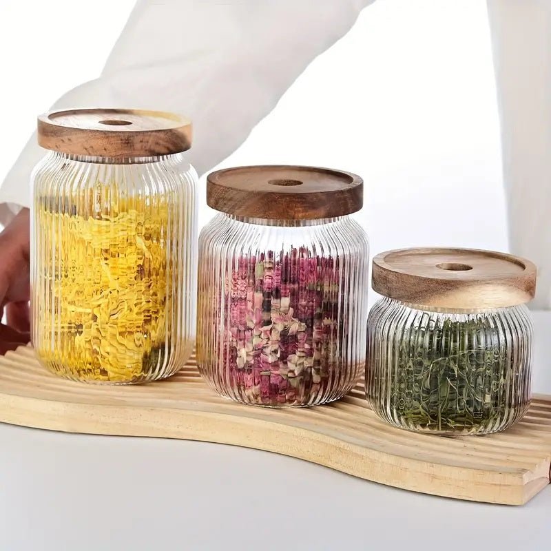 Set of 3 - Stackable Airtight Striped Glass Jars