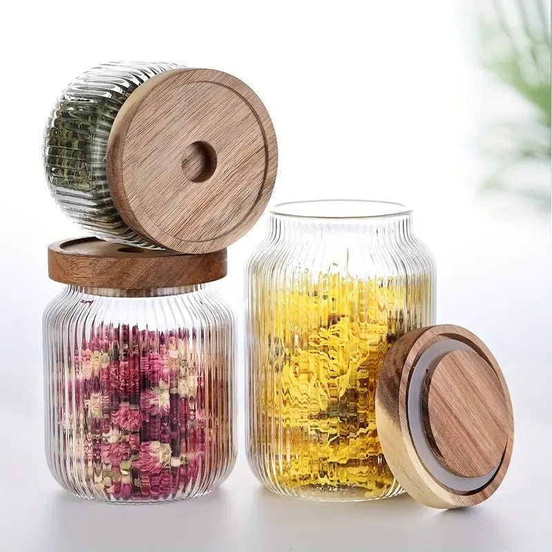 Set of 3 - Stackable Airtight Striped Glass Jars