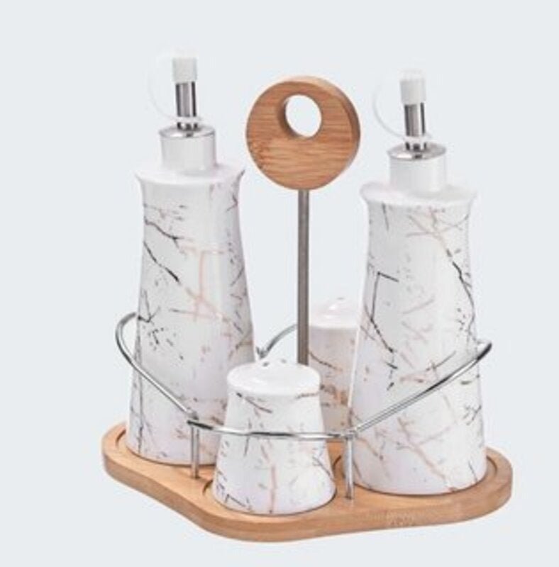 Set of 4 - Condiment Set with Wooden Base