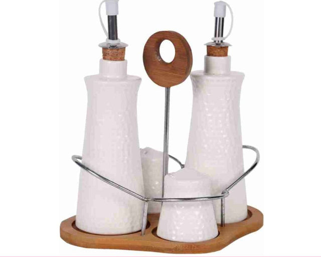 Set of 4 - Condiment Set with Wooden Base
