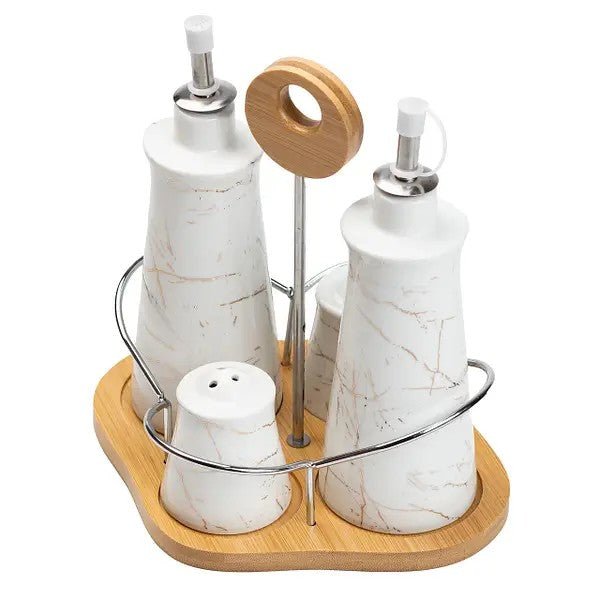 Set of 4 - Condiment Set with Wooden Base