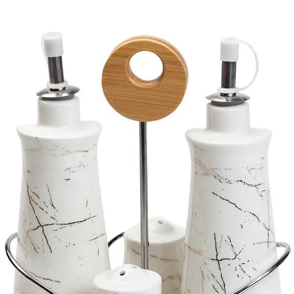 Set of 4 - Condiment Set with Wooden Base