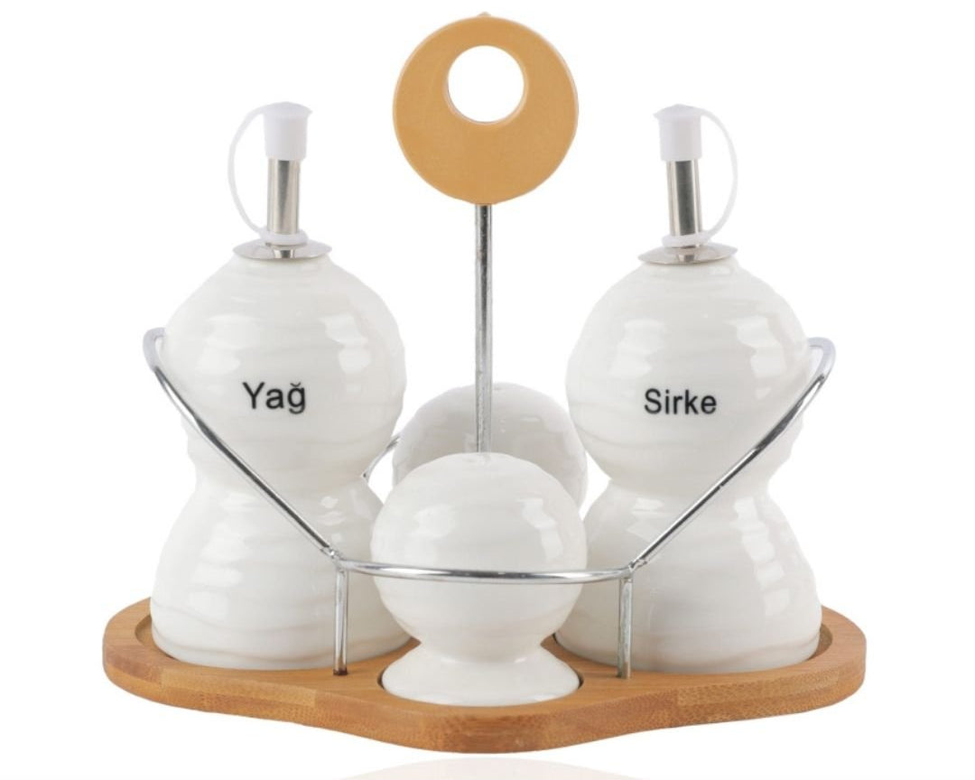 Set of 4 - Condiment Set with Wooden Base