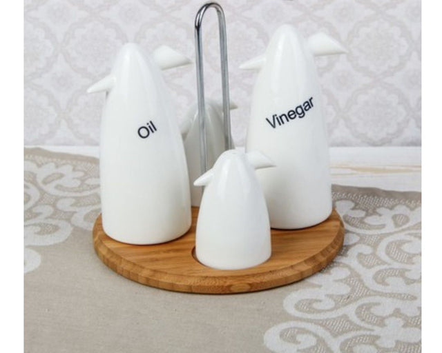 Set of 4 - Condiment Set with Wooden Base