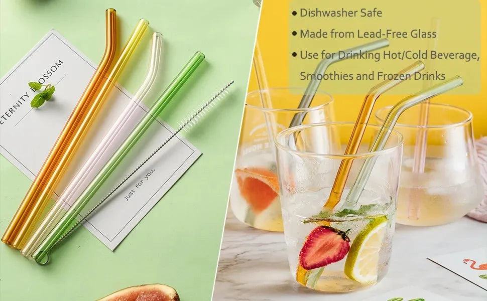Set of 4 - Reusable Glass Straws With Cleaning Brush
