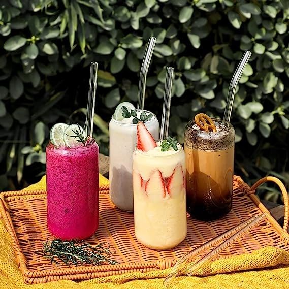 Set of 4 - Reusable Glass Straws With Cleaning Brush
