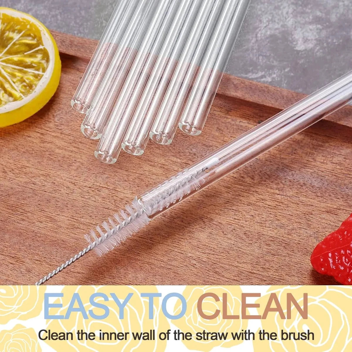 Set of 4 - Reusable Glass Straws With Cleaning Brush